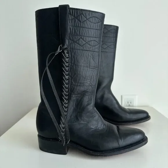 German Botas Leather Boots Size 25 Black Braided Fringe Riding Marching Stitch